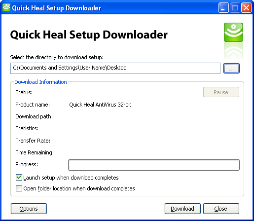 The Quick Heal Setup Downloader window opens